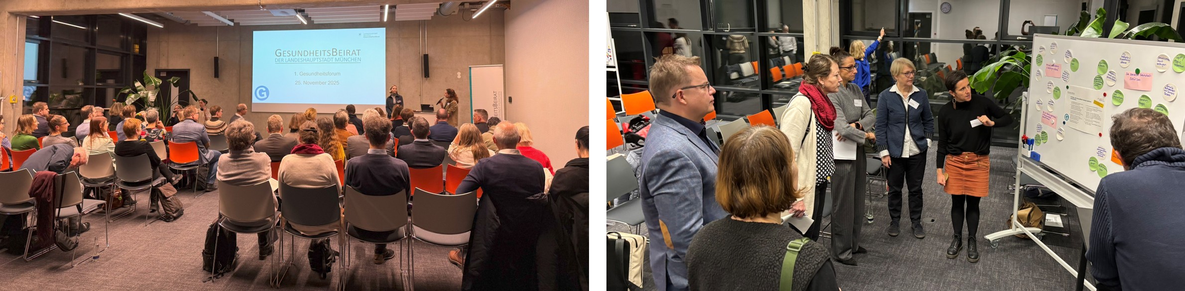 Dr. Sara Schulz und Dr. Andrea Stadelmann vom Gesundheitsbeirat stehen vor dem Publikum und eröffnen das erste Gesundheitsforum des Gesundheitsbeirats.
Eine Arbeitsgruppe des Gesundheitsforums diskutiert das Thema Prävention in München an einem Whiteboard.